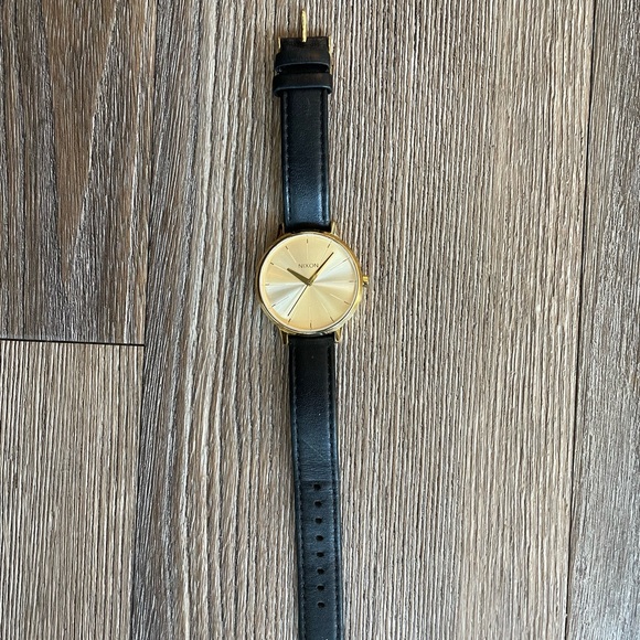 Nixon Jewelry - Nixon Black Leather Kensington Gold Watch